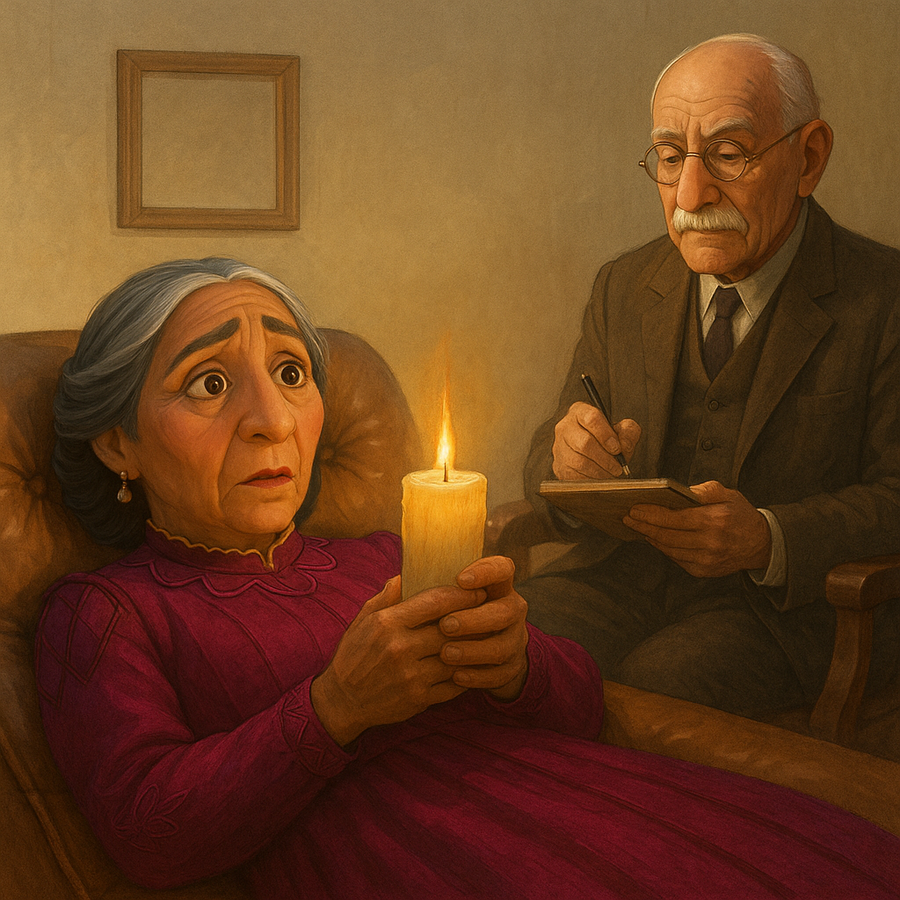 Abuela Alma Madrigal holding a candle with C.G Jung