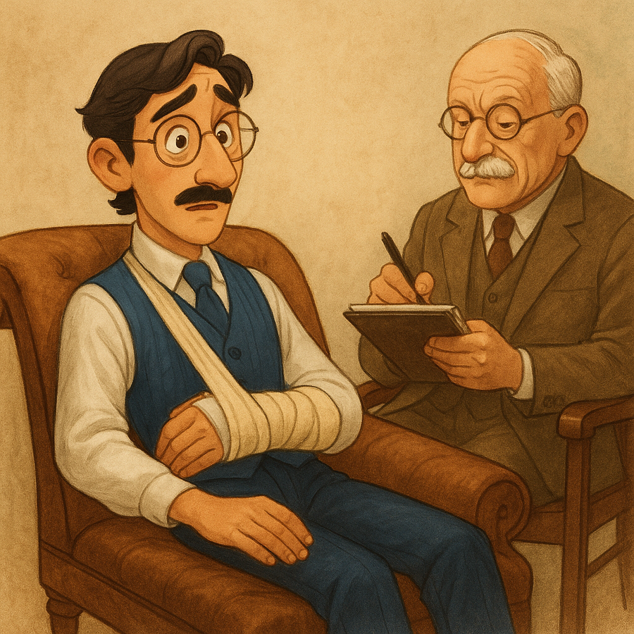 Agustín Madrigal sitting on a couch with a bandaged hand with C.G Jung