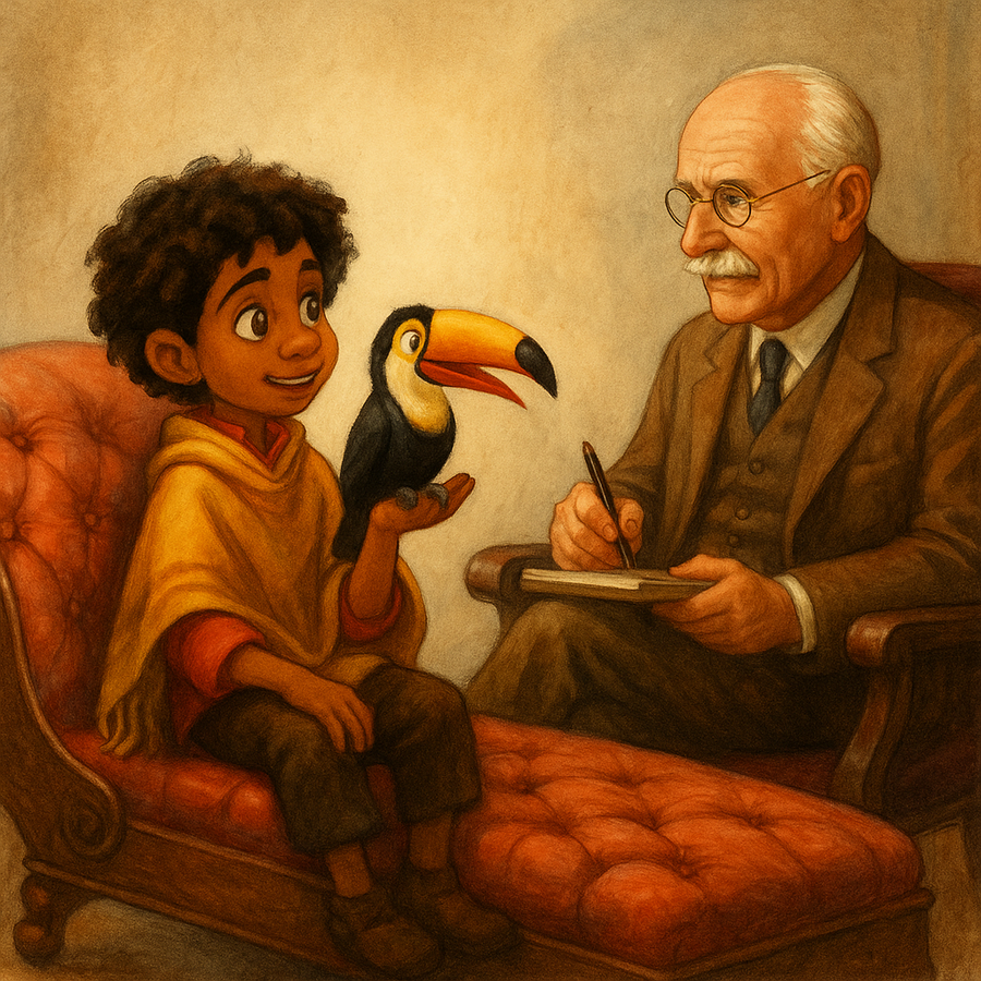 Antonio Madrigal sitting on a couch with a toucan on his hand with C.G Jung
