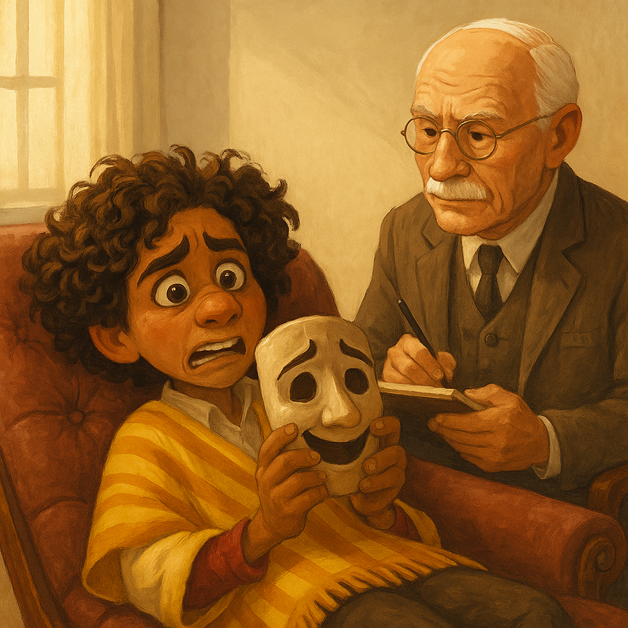 Camilo Madrigal sitting on a couch with a mask in his hand with C.G. Jung