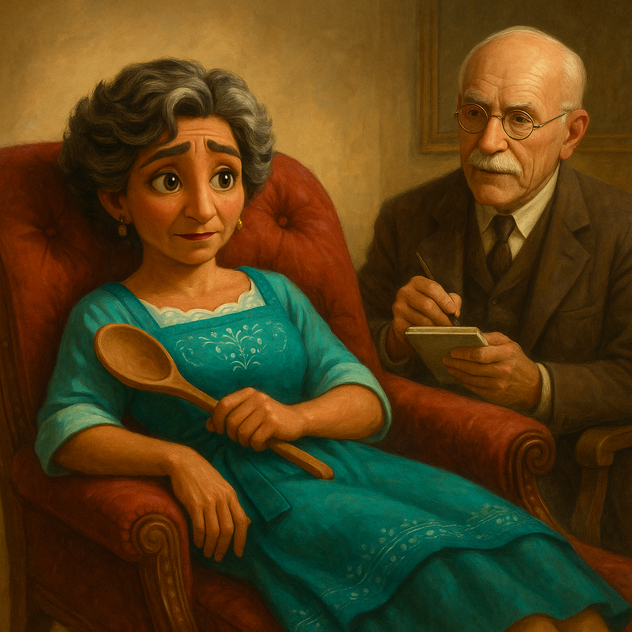 Julieta Madrigal sitting on a couch with a spoon in her hand with C.G. Jung