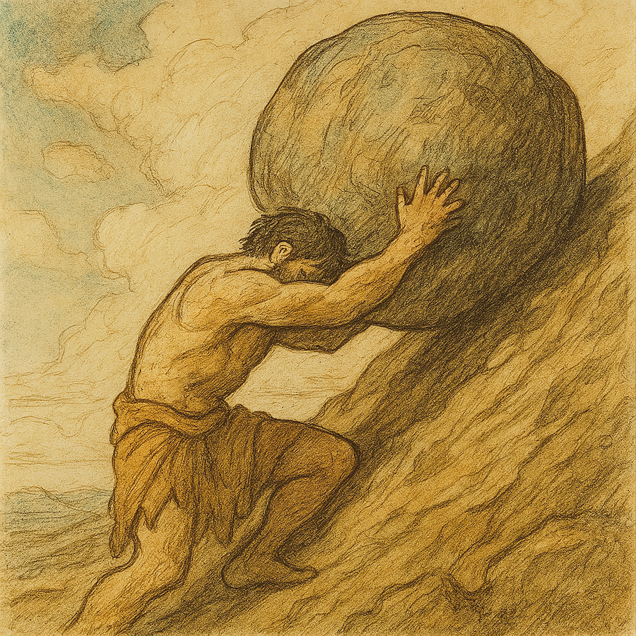 Sisyphus carrying a stone up a hill